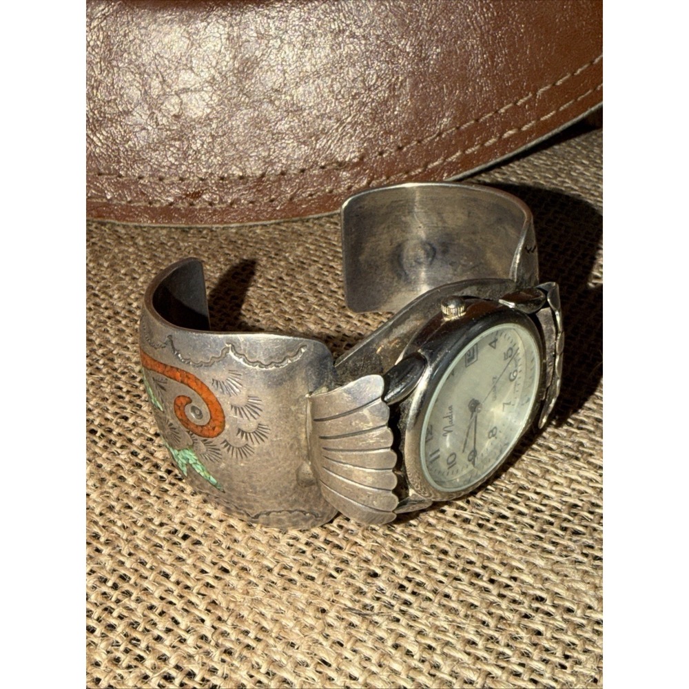 Navajo Inlaid Watch Band Turquoise & Coral Vintage Sterling with Makers Mark